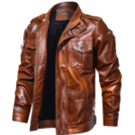 Men’s Military-Inspired Faux Leather Jacket Tan Brown